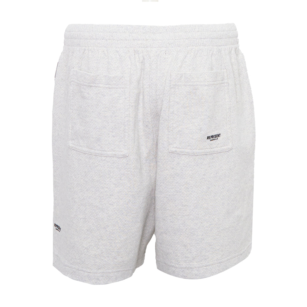 Represent Micro Owners Club Mesh Shorts in ash grey marl with elasticated waistband, side pockets, and Owners Club logo print at the hip - view 2