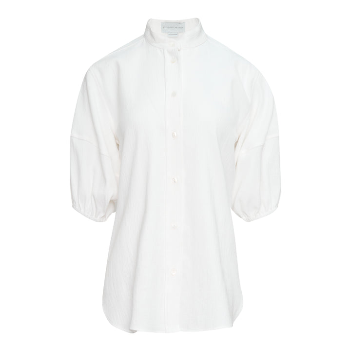Stella McCartney white balloon sleeve shirt with mandarin collar, tonal button-through front placket, and voluminous puff sleeves gathered at the cuff, shown on a plain white background
