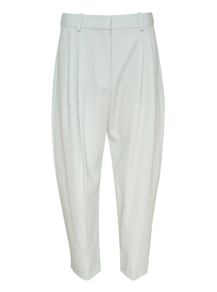 Stella McCartney mid rise balloon tailored pants in pale mint with double front pleats, belt loops, and a tapered cropped leg