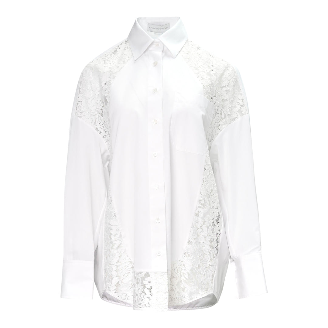 Stella McCartney white cotton poplin shirt with sheer floral lace panels at the shoulders, sides, and hem, featuring a pointed collar and mother-of-pearl button fastening