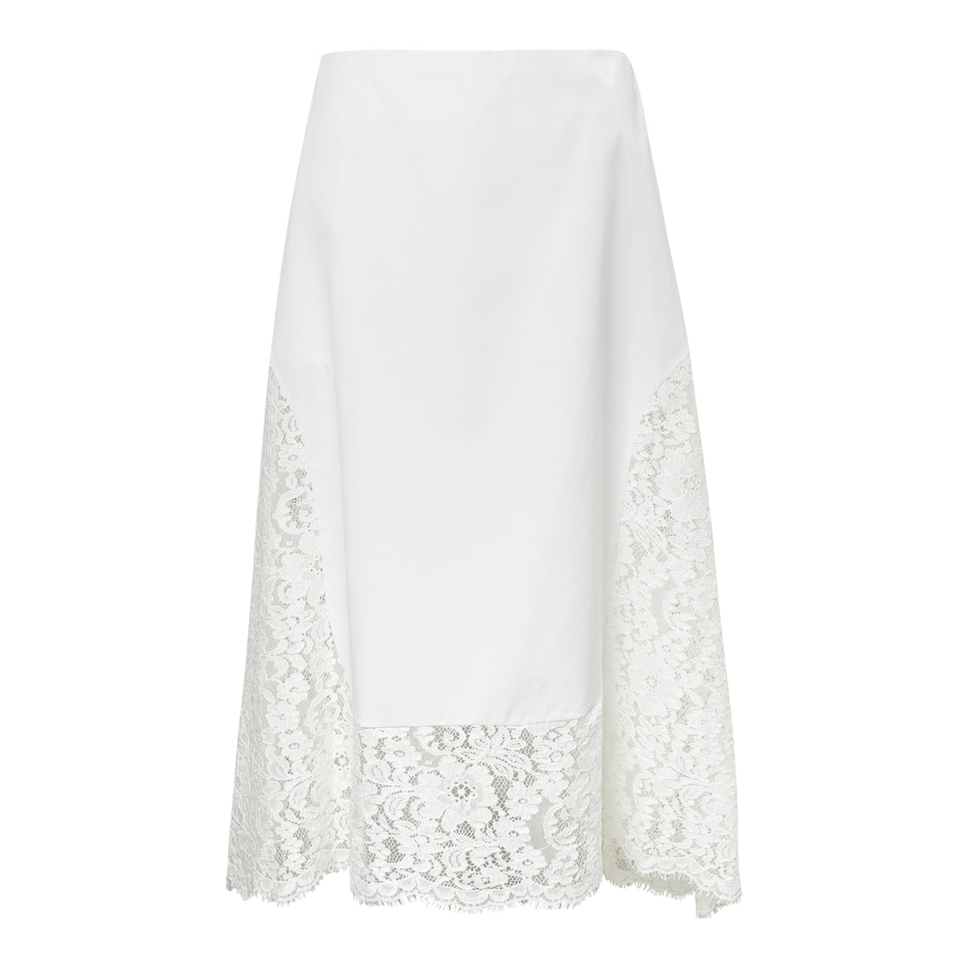 Stella McCartney white midi skirt with floral lace side panels and scalloped hem, displayed flat on white background