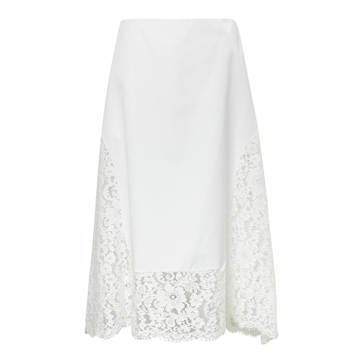 Stella McCartney white midi skirt with floral lace side panels and scalloped hem, displayed flat on white background