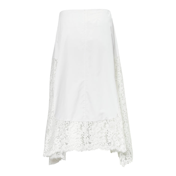 Stella McCartney white midi skirt with floral lace side panels and scalloped hem, displayed flat on white background - view 2
