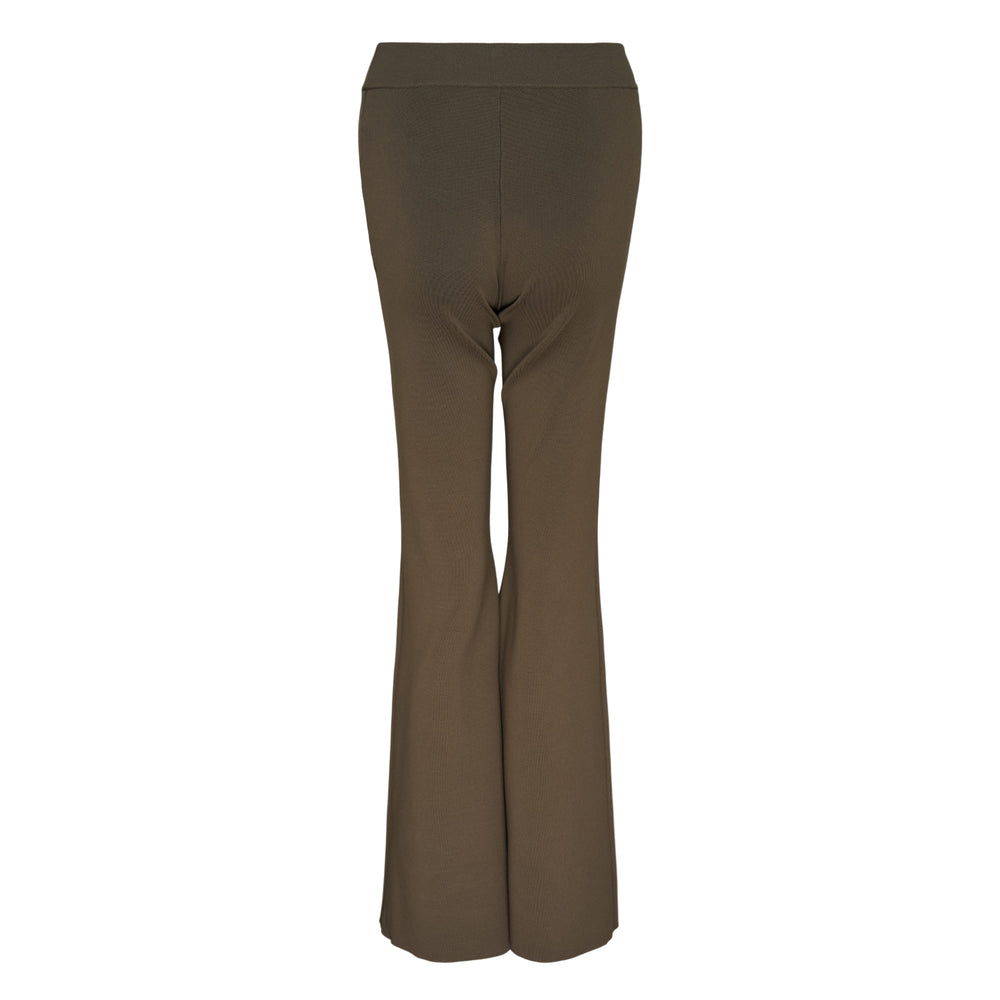Stella McCartney Compact Knit Iconic Trousers in olive, featuring a wide waistband and flared leg silhouette, front view