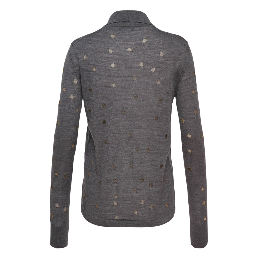 Stella McCartney heather grey fine-gauge knit polo with metallic polka dot embellishment, pointed collar, button placket, and long sleeves with ribbed cuffs