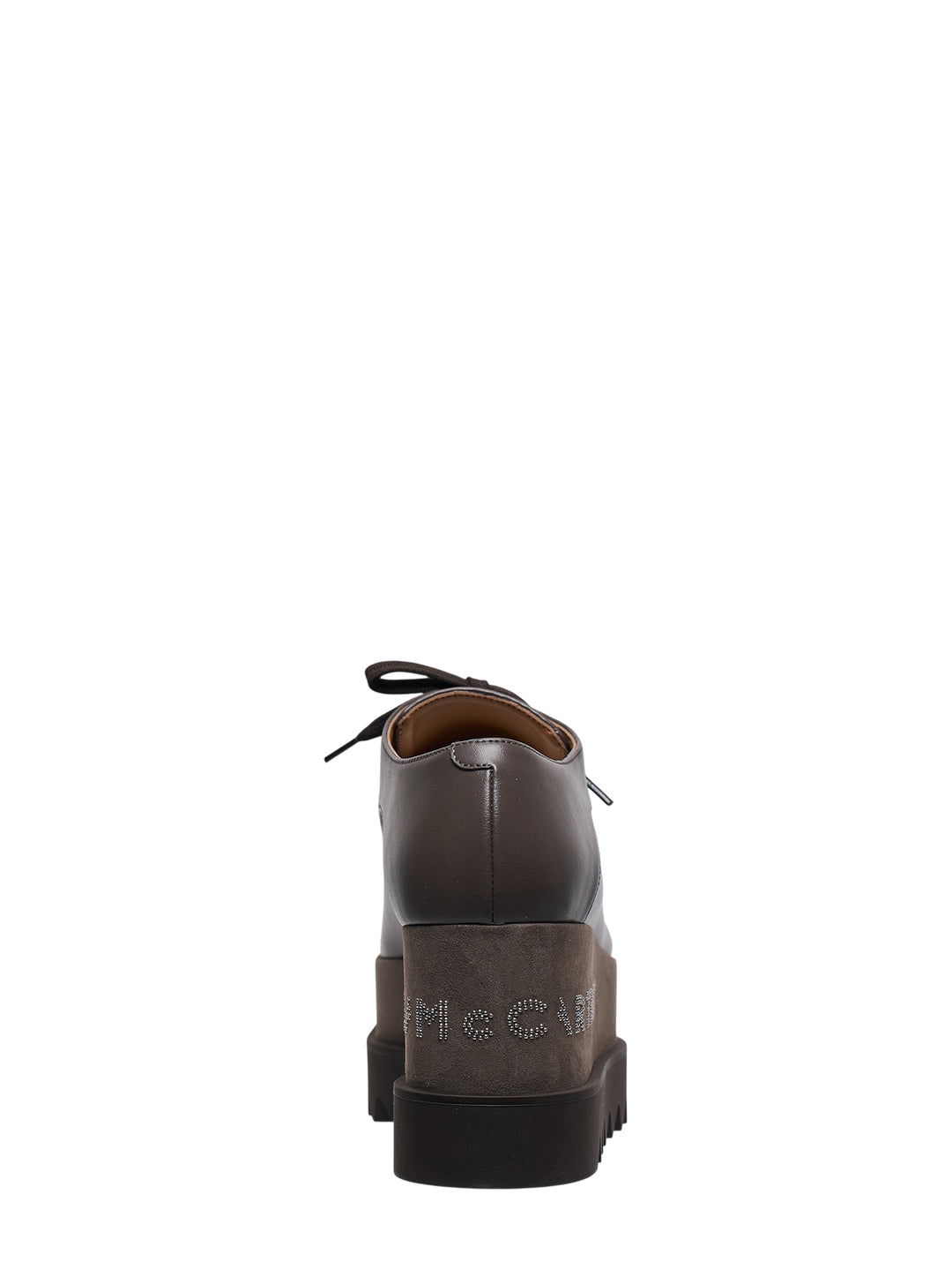Stella McCartney Elyse dark brown eco alter mat platform lace-up shoes with crystal hotfix branding on the stacked wedge midsole and serrated rubber outsole - view 3