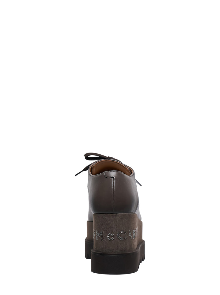 Stella McCartney Elyse dark brown eco alter mat platform lace-up shoes with crystal hotfix branding on the stacked wedge midsole and serrated rubber outsole - view 3