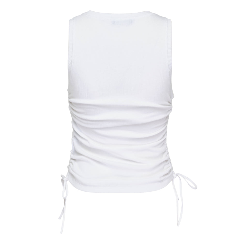 Balmain white ribbed jersey sleeveless tank top with ruched side gathering and adjustable drawstring ties at the hem, displayed flat on a white background