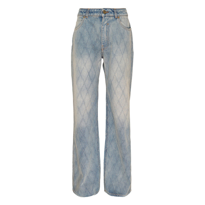 Balmain Straight Quilted Denim Jeans in light blue acid wash with all-over diamond stitching, straight-leg silhouette, and gold-tone hardware