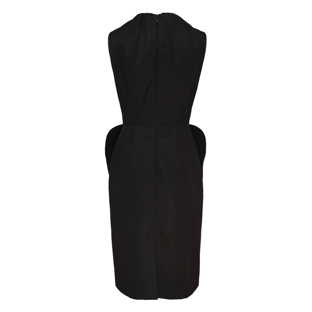 pushBUTTON black structured sleeveless dress with gathered mock neck and sculptural hip panels, knee length, front view on white background