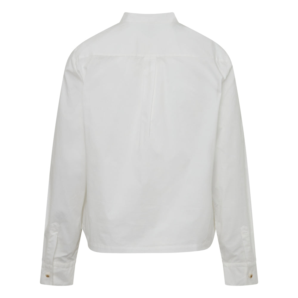 Renli Su white long-sleeve blouse with pintuck-pleated front panel, layered lace and ruffle trim, mandarin collar, gold-tone buttons, and an asymmetric hemline - view 2