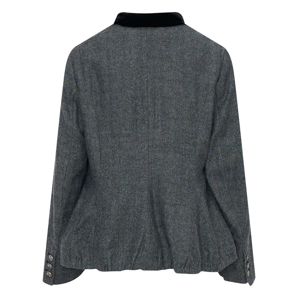 Renli Su relaxed fit grey herringbone wool jacket with black velvet collar, five ornate silver buttons, and hip flap pockets, displayed flat on a white background - view 2