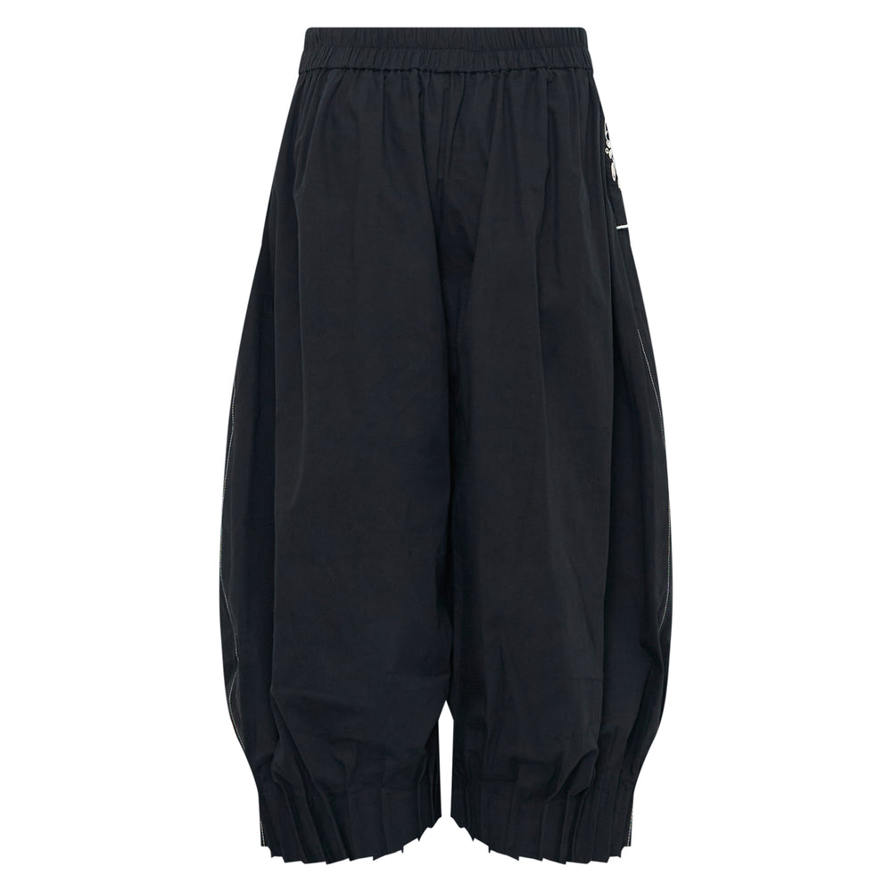 Renli Su Cropped Barrel Trousers in black, featuring a voluminous barrel-leg silhouette, elasticated waistband, white embroidered motif at the hip, and pleated elasticated cuffs at the hem - view 2