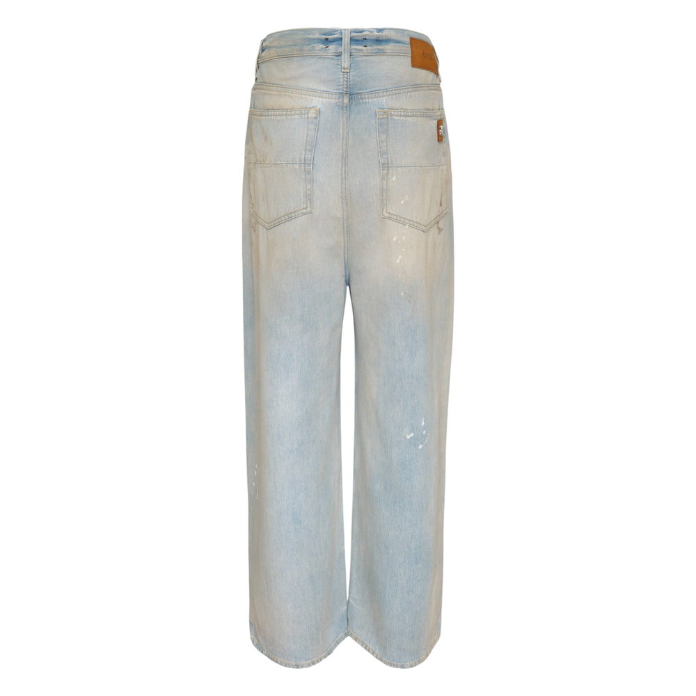 Amiri Baggy Jeans in light wash distressed denim with wide-leg silhouette and sun-bleached fading, front view