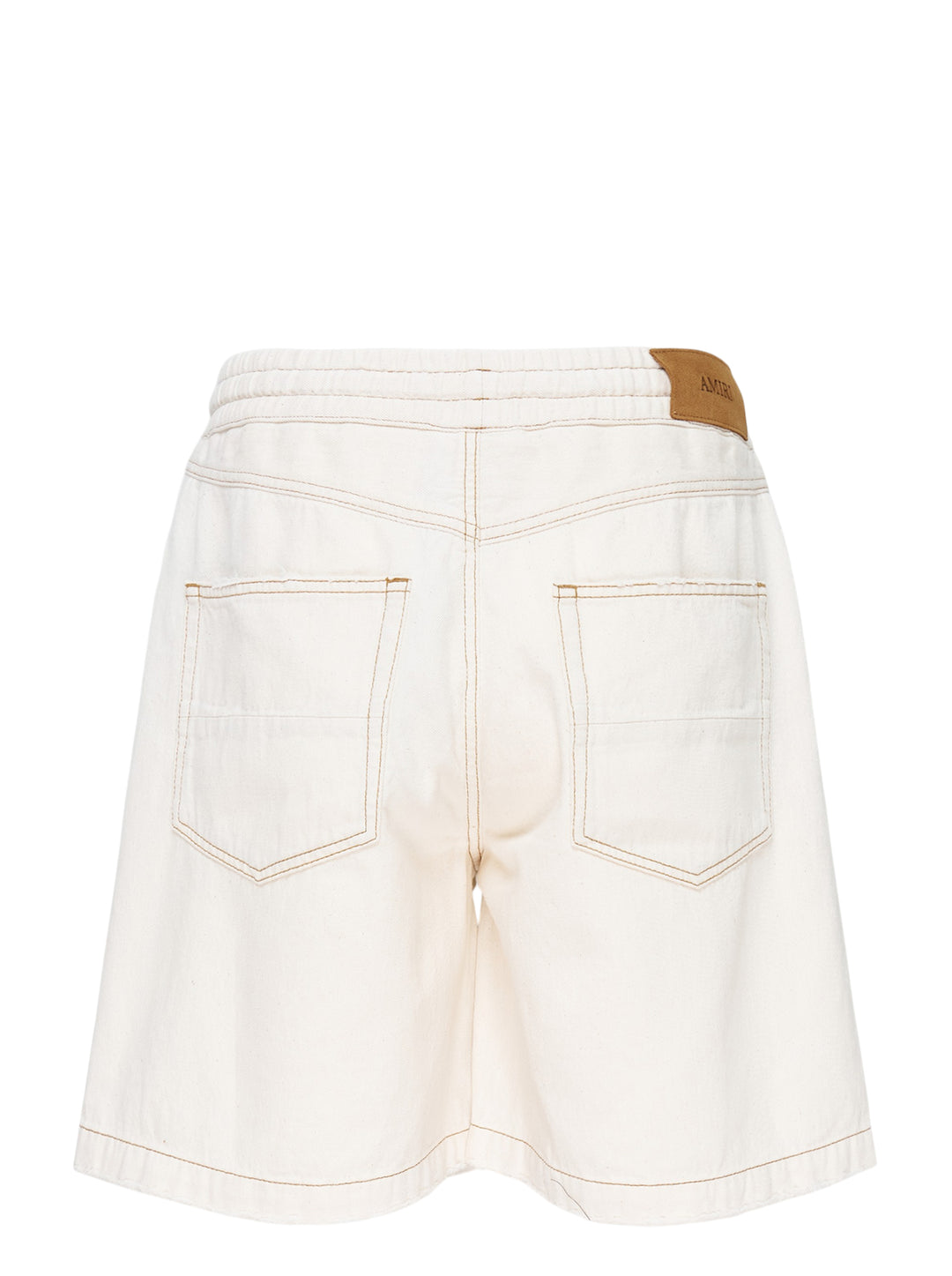 Amiri ecru drawstring denim shorts with contrast brown topstitching and embroidered logo at the hem - view 2