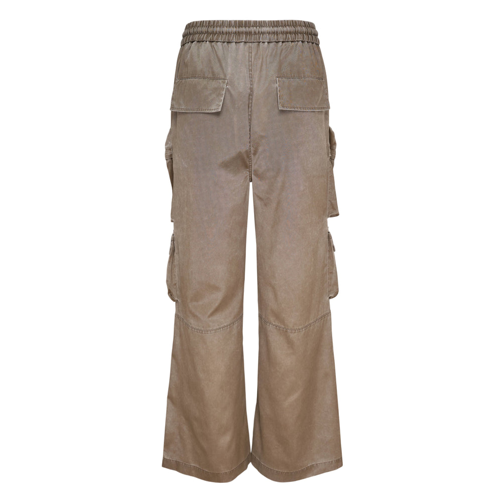 Amiri Drawstring Cargo Pants in washed taupe with wide-leg silhouette, multiple structured cargo pockets, elasticated waistband, snap-button hem, and embossed leather logo patch