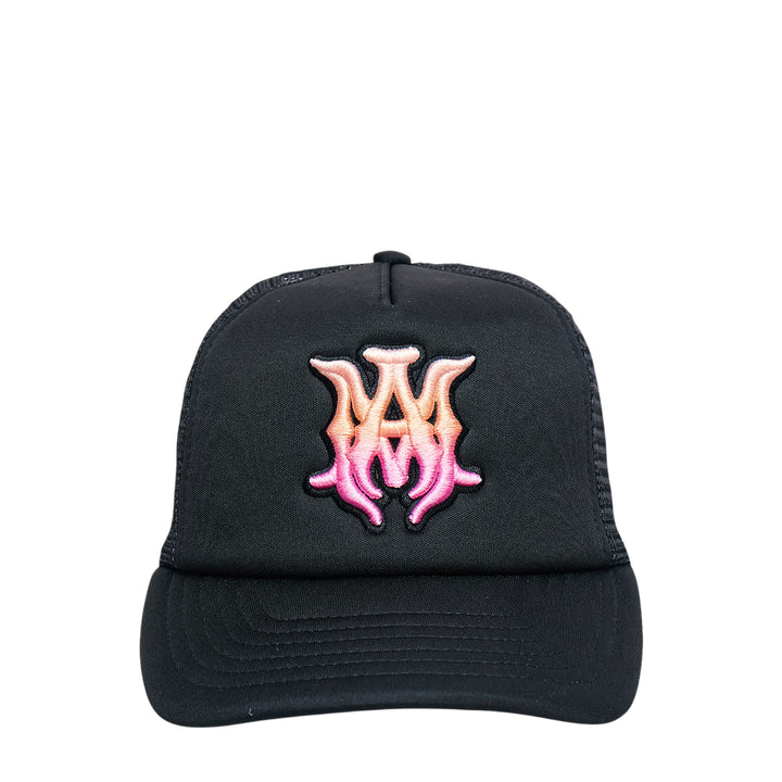 Amiri MA Surf Trucker Hat in black with gradient pink embroidered MA monogram patch on the front panel