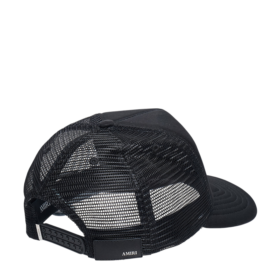 Amiri MA Surf Trucker Hat in black with gradient pink embroidered MA monogram patch on the front panel
