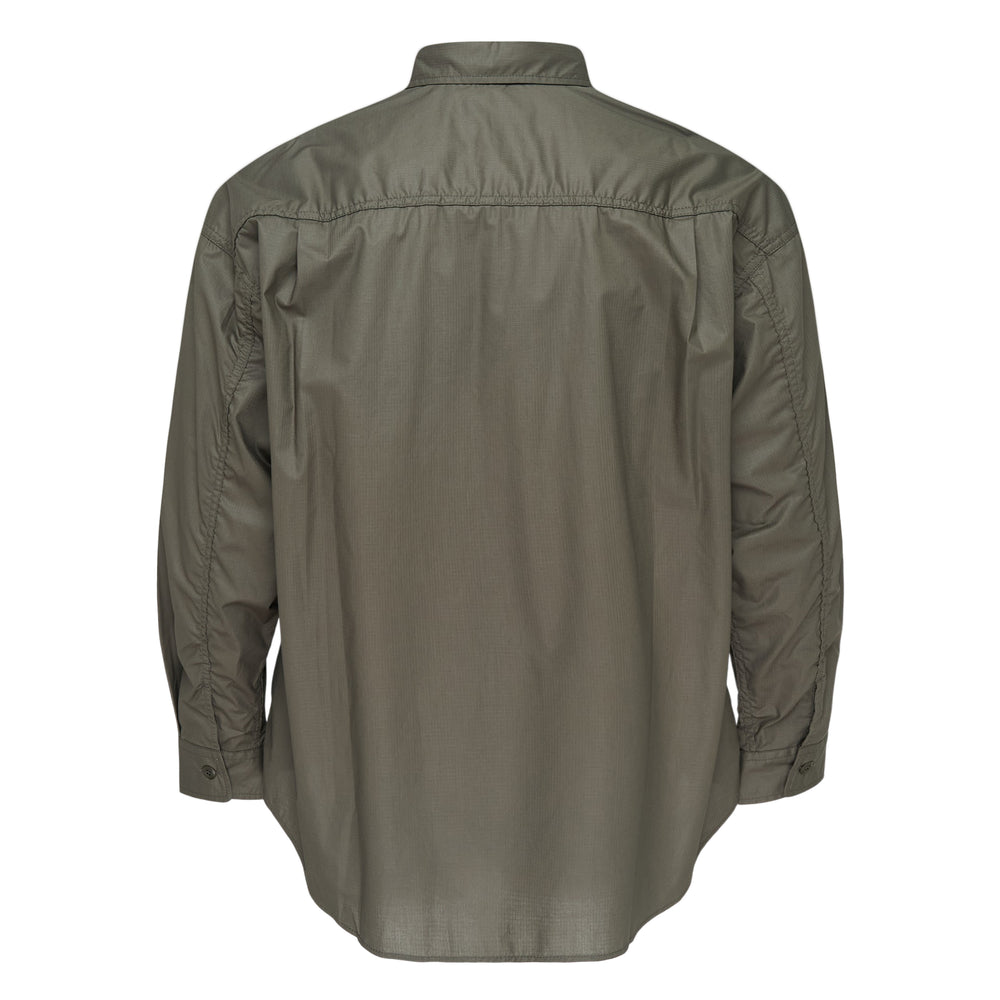 Comme des Garçons Homme olive cotton ripstop long sleeve shirt with dual chest patch pockets, tonal button placket, and woven Homme label - view 2