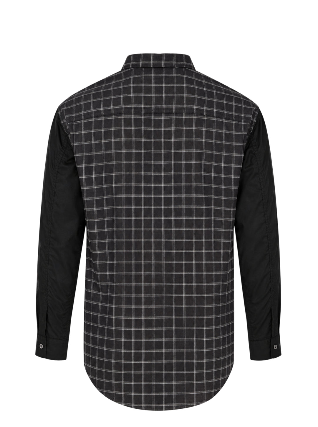 Comme des Garçons Homme long sleeve shirt with dark windowpane check cotton body and contrast solid black cotton broad cloth sleeves, shown flat on a white background - view 2