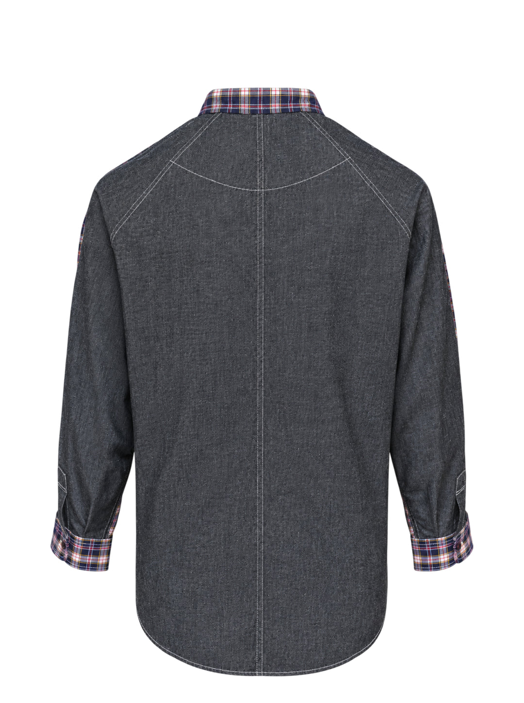 Comme des Garçons Homme cotton twill long sleeve shirt in navy, white, red, and olive plaid check with button-down collar and chest pocket - view 2