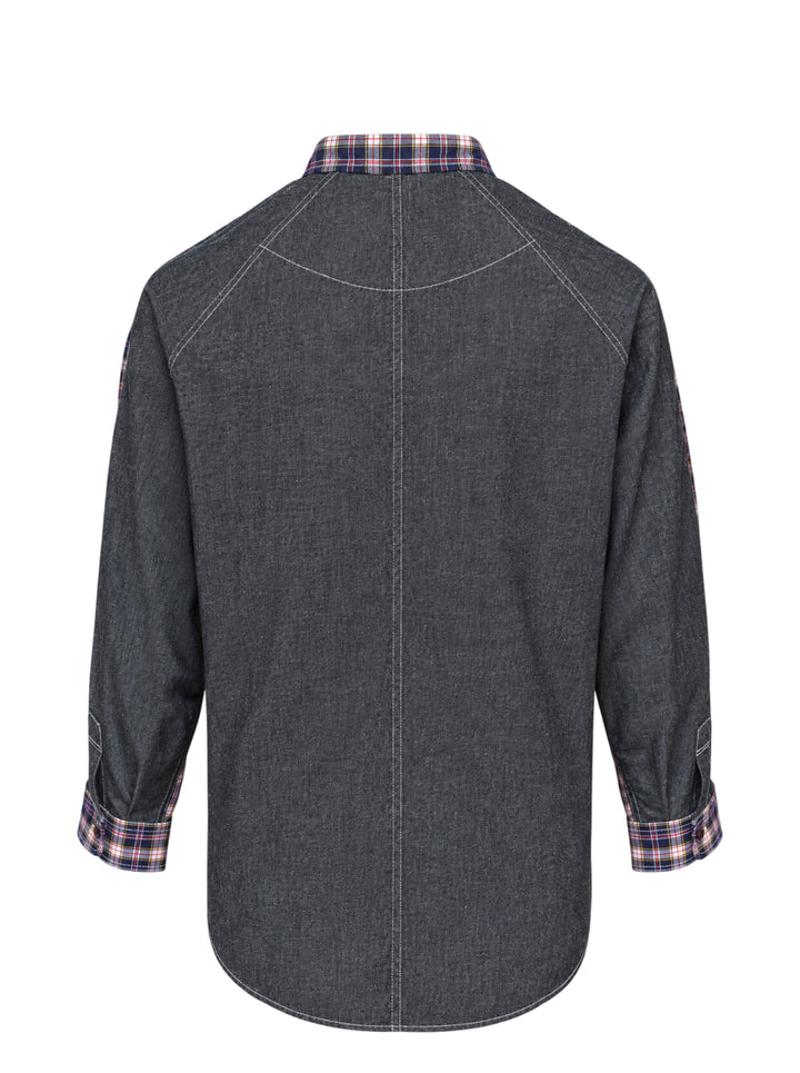Comme des Garçons Homme cotton twill long sleeve shirt in navy, white, red, and olive plaid check with button-down collar and chest pocket - view 2