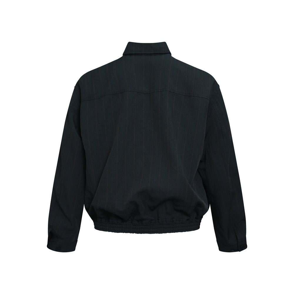 Comme des Garçons Homme polyester herringbone stripe blouson in dark navy, featuring a point collar, concealed button placket, elasticated hem, and slash pockets — front view on white background - view 2