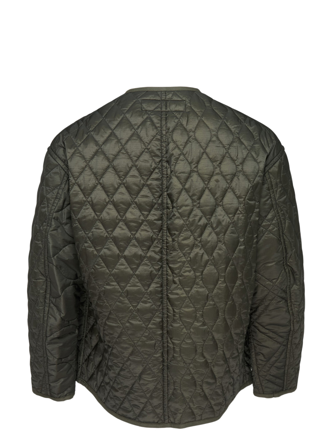 Olive green quilted ripstop nylon jacket with mixed diamond and wave quilting, collarless neckline, snap front and two patch pockets - view 2
