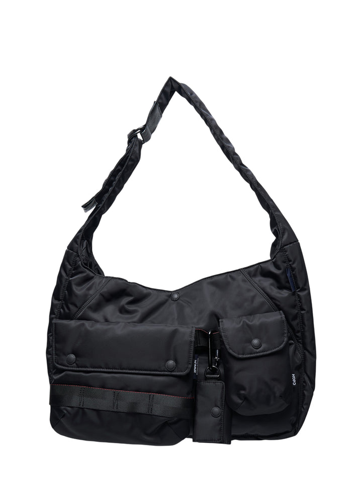 Comme des Garçons Homme x Porter black nylon duck oversized shoulder bag with multi-pocket utility exterior and detachable mini pouch