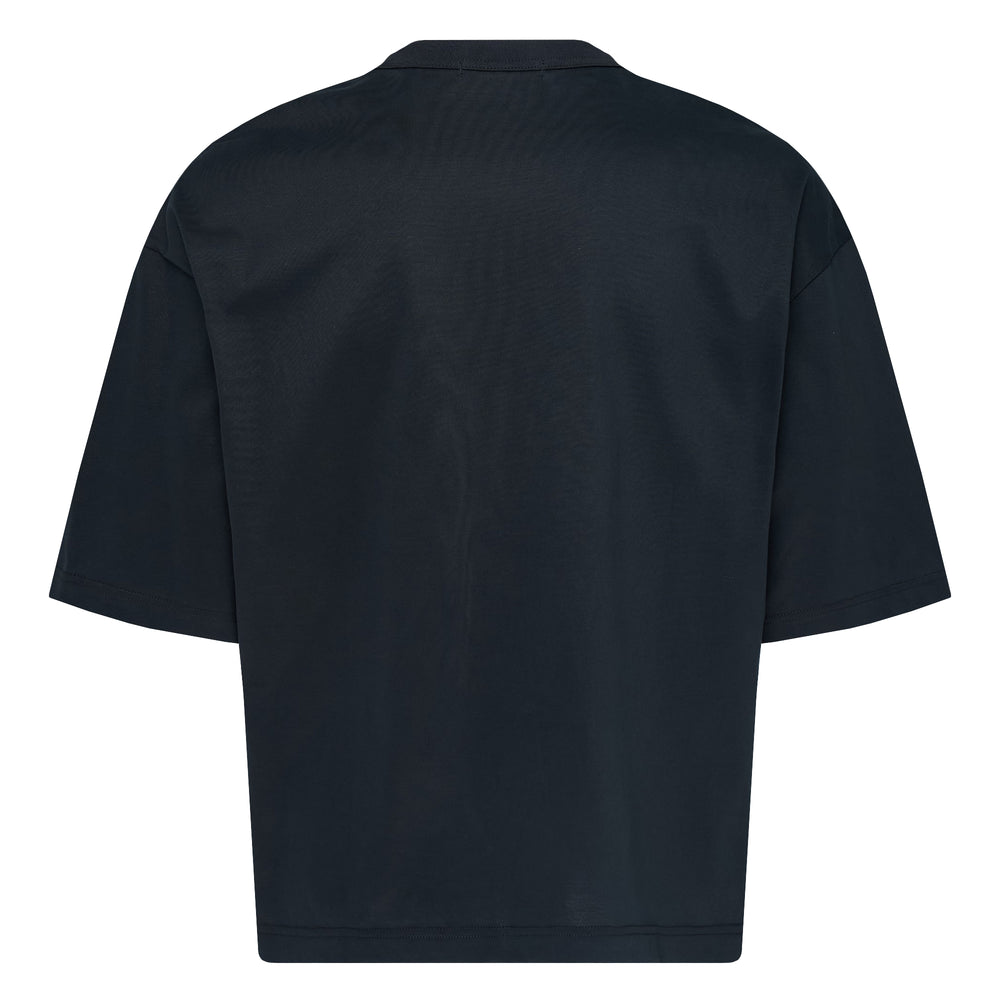 Comme des Garçons Homme slightly brushed cotton jersey oversized tee in navy with ribbed mock neck and dropped shoulders, front view - view 2