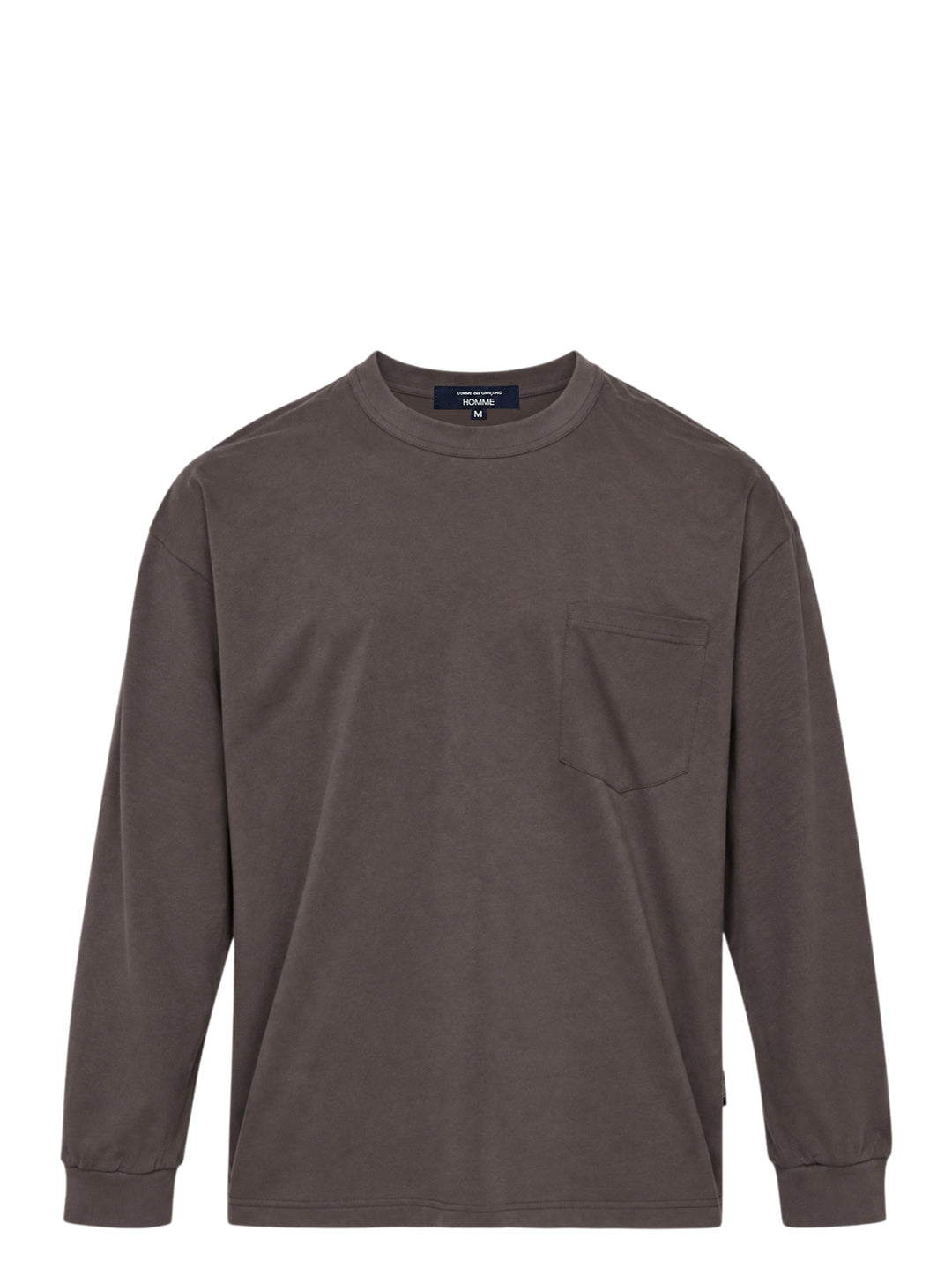 Comme des Garçons Homme slightly brushed cotton jersey long sleeve tee in taupe with crew neck, chest patch pocket, and ribbed cuffs