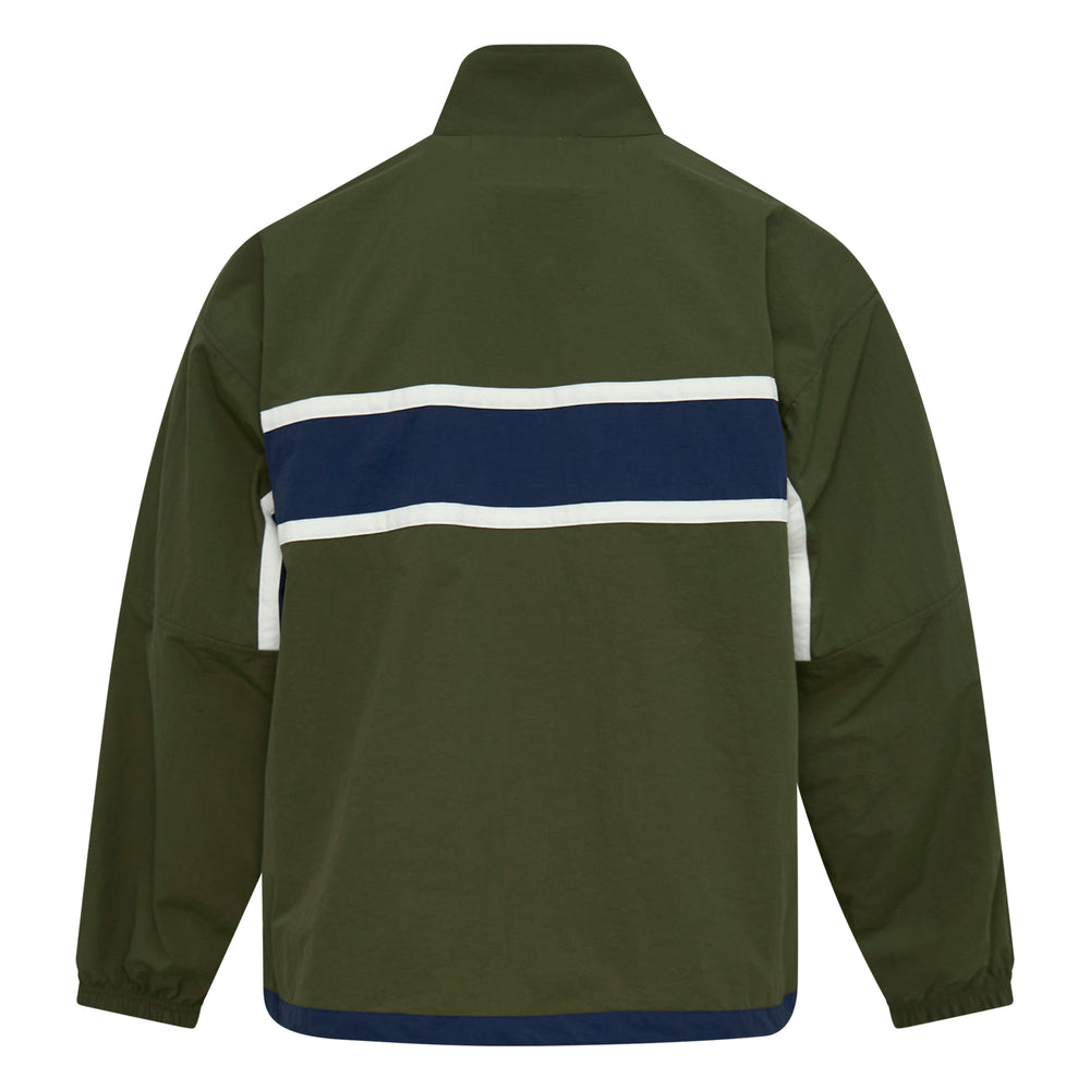 Vowels Paneled Nylon Jacket in olive green with a navy contrast chest panel, twin white stripes, full-zip stand collar, and embroidered Vowels logo - view 2
