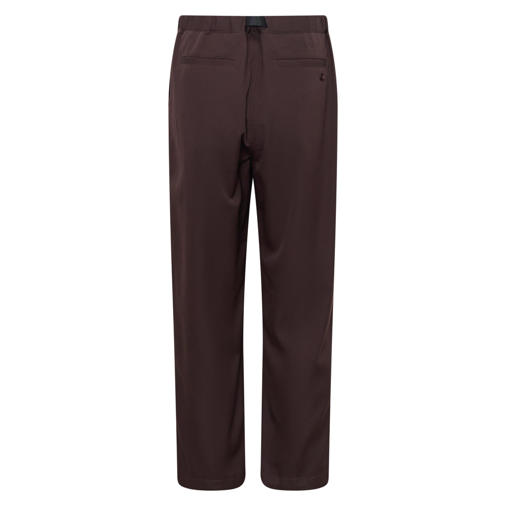 Vowels Easy Pants in deep brown with relaxed straight-leg fit, integrated nylon webbing belt with snap buckle, and D-ring hardware at the waistband - view 2