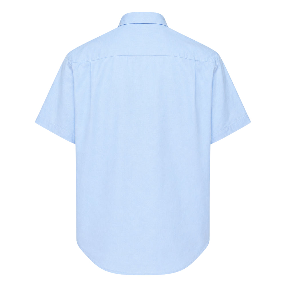 Vowels Short Sleeve Oxford Button Down Shirt in light blue, featuring a button-down collar, pearlescent buttons, and a chest patch pocket with tonal embroidered logo - view 2
