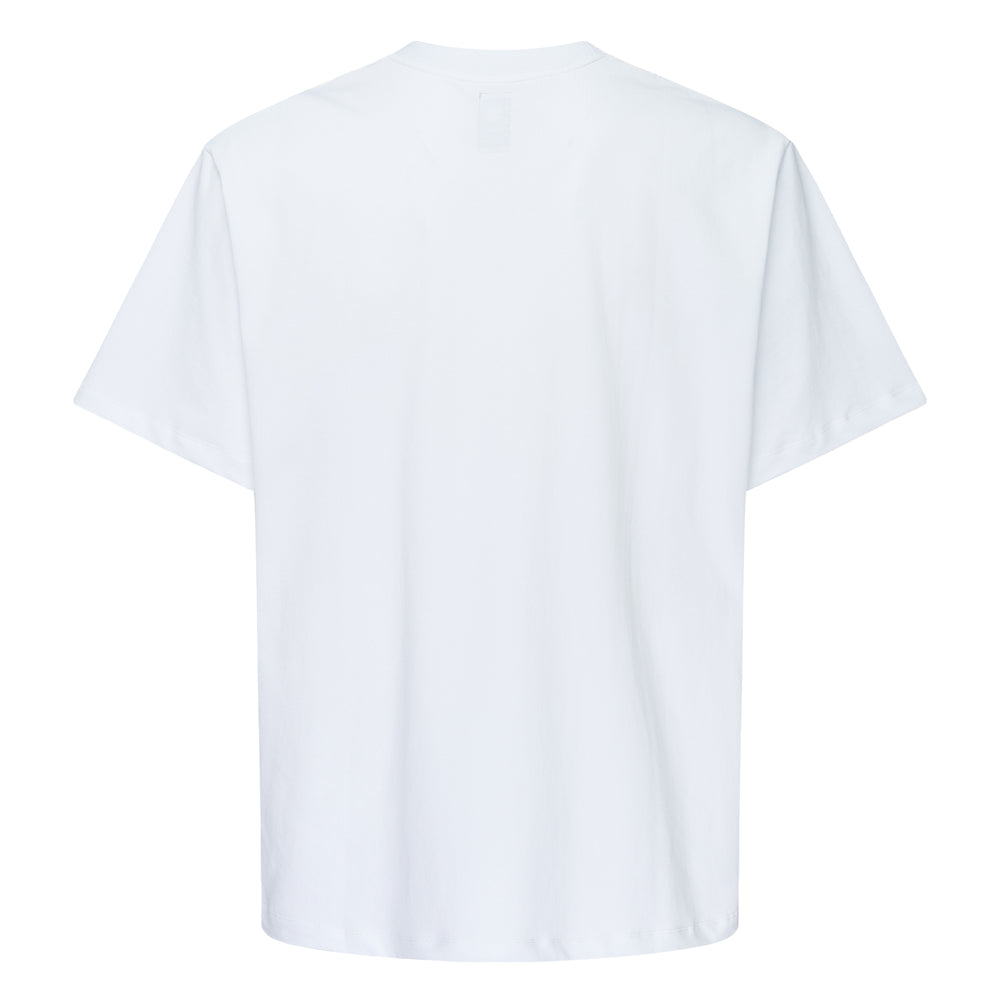 Vowels Blur Graphic Tee in white with a motion-blurred cyan Vowels wordmark printed across the chest, oversized fit with crew neck and short sleeves - view 2