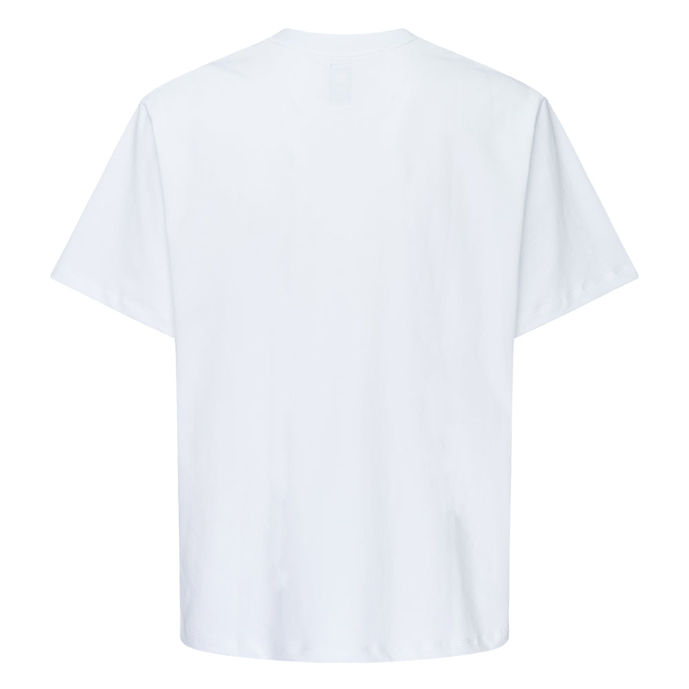 Vowels Cherub Graphic Tee in white, featuring a hand-drawn illustration of two green cherub figures on a blue background with the Vowels wordmark, displayed flat on a white background - view 2