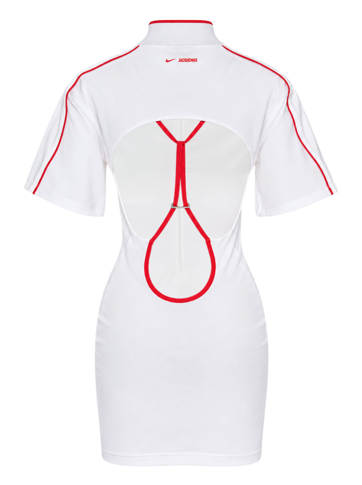Nike x Jacquemus white mini dress with red piped collar and sleeves, half-zip front, chest patch pocket and fitted hourglass silhouette - view 2