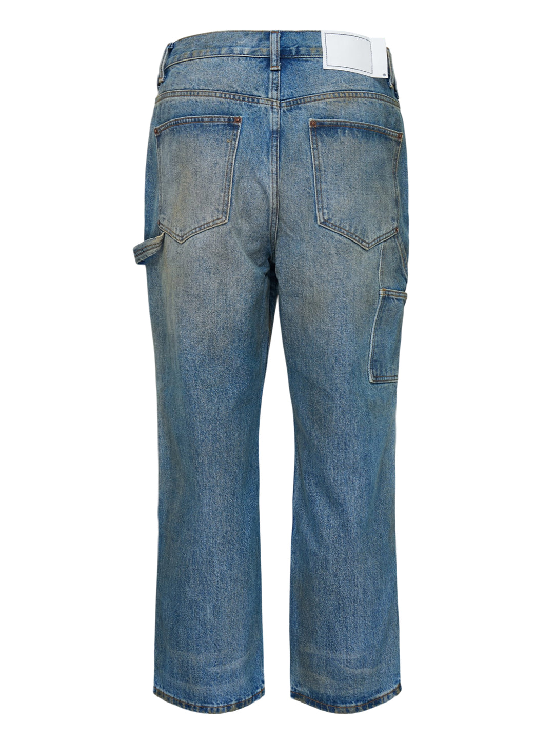 thisisneverthat Denim Double Knee Pants in heavy vintage wash indigo with ochre distressing, double-knee reinforced panels, carpenter utility detailing, and a relaxed wide-leg silhouette — front view - view 2