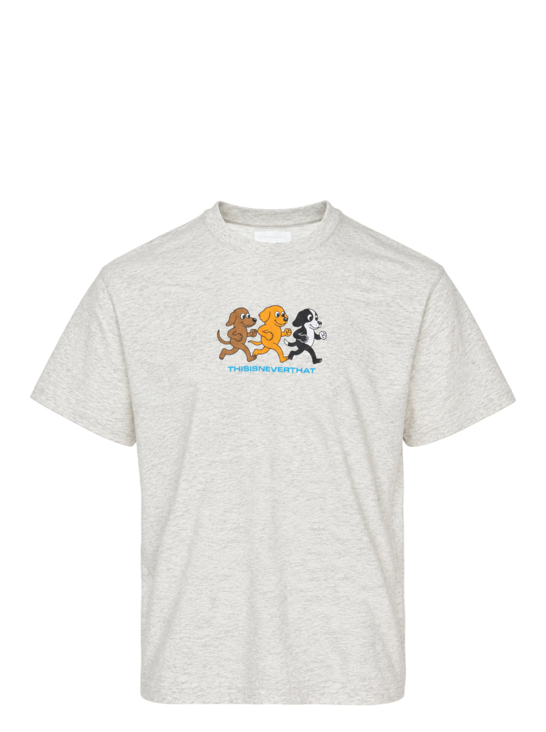 thisisneverthat Running Dogs Graphic Tee in heather grey, featuring a cartoon illustration of three running dogs in brown, golden, and black with the thisisneverthat logo printed below in blue