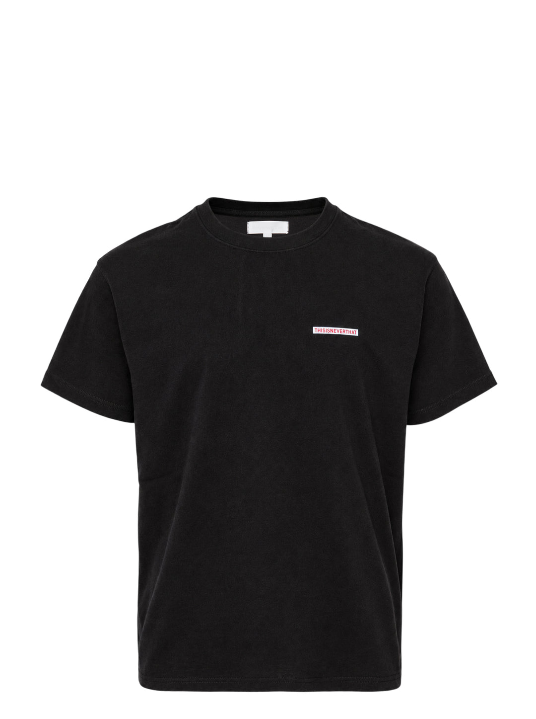 thisisneverthat Saturn short sleeve tee in washed black with a small woven brand logo label at the chest and a ribbed crewneck collar, displayed flat on a white background