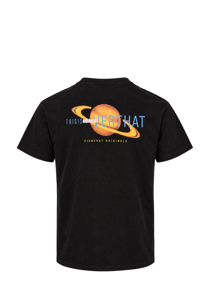thisisneverthat Saturn short sleeve tee in washed black with a small woven brand logo label at the chest and a ribbed crewneck collar, displayed flat on a white background - view 2