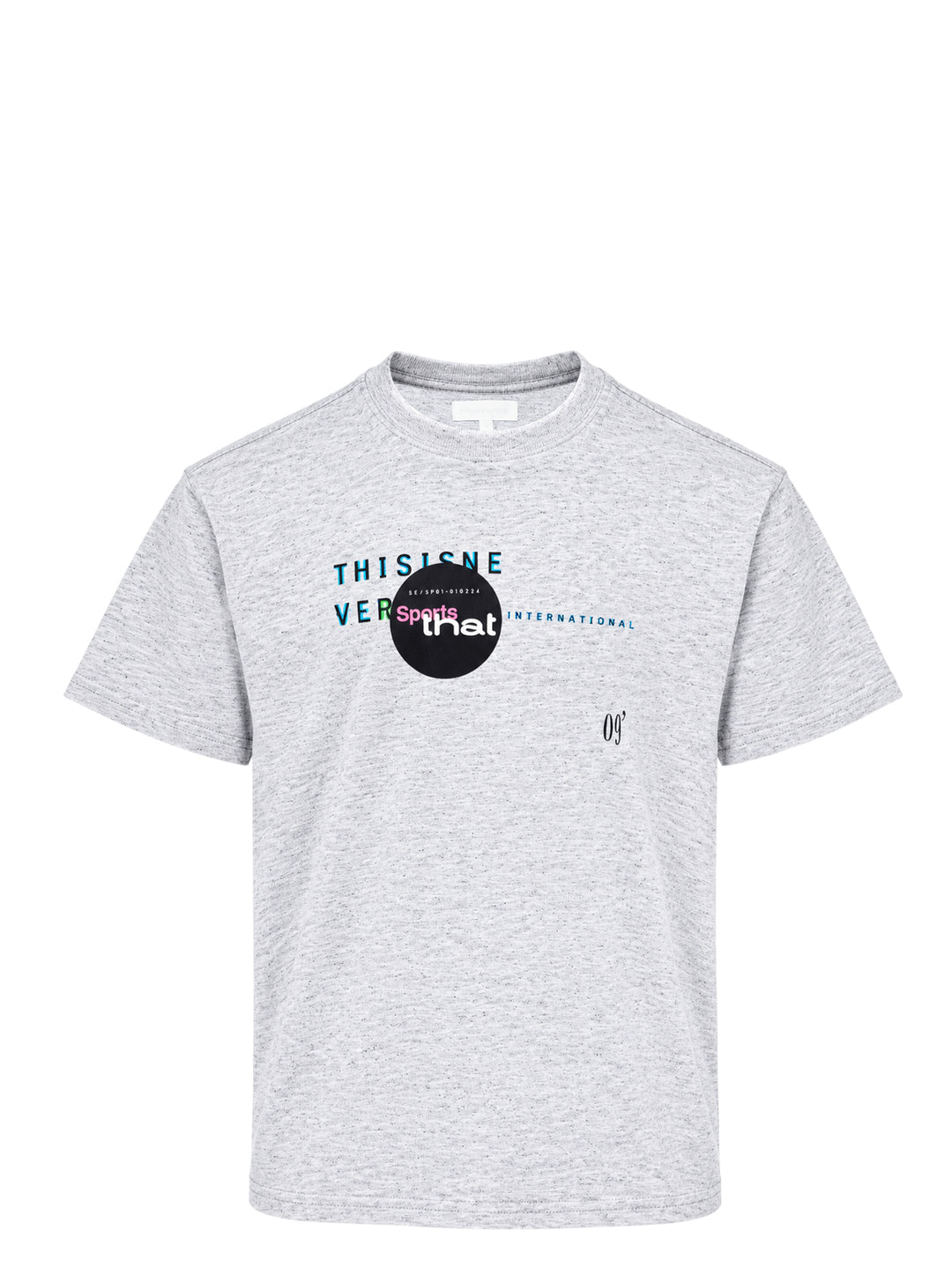 thisisneverthat Composition Tee in heathered grey, featuring a multi-colour collage typographic graphic print across the chest with circular badge motif and script logo detail