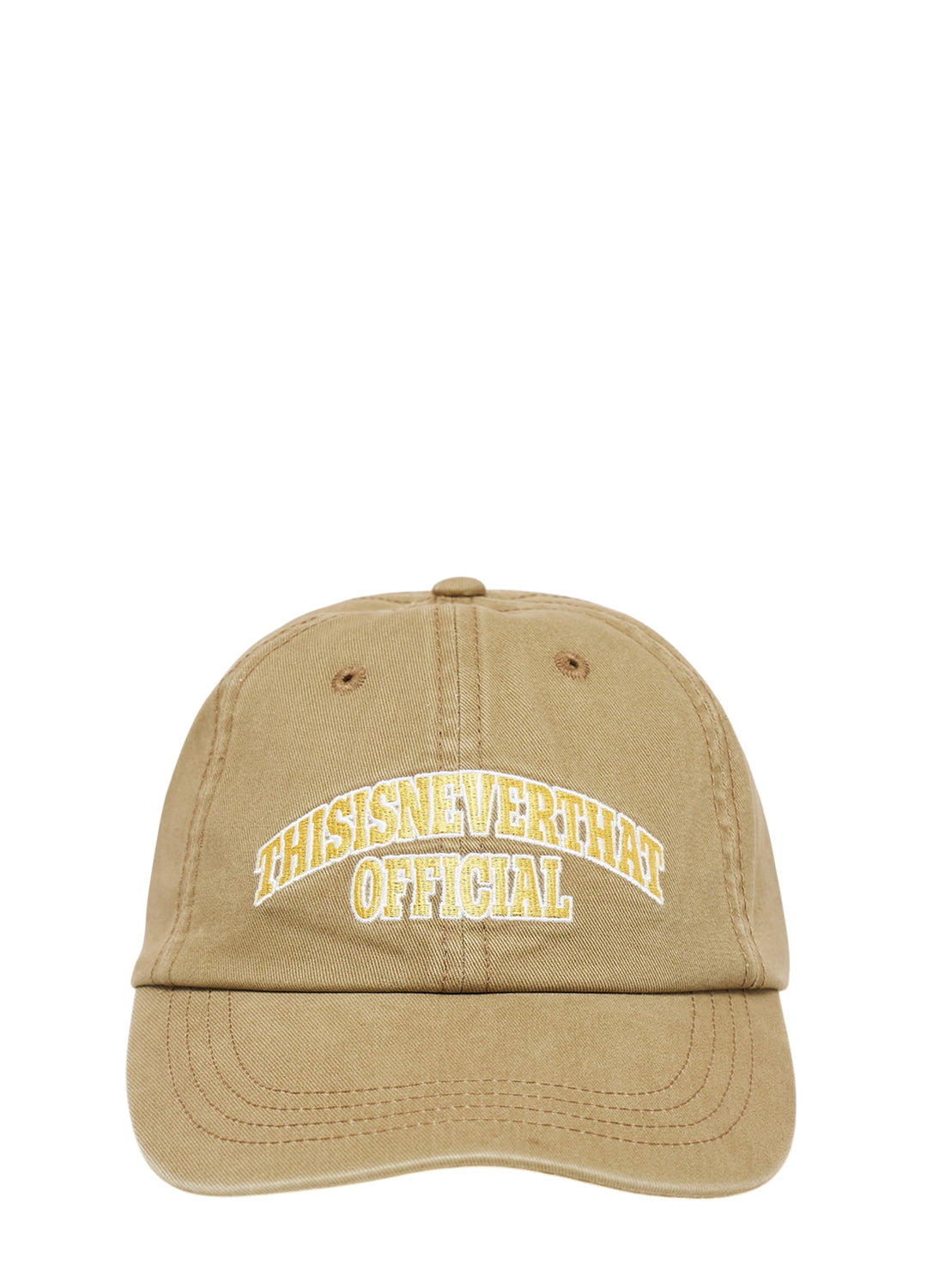 thisisneverthat Arch Logo Cap in washed khaki with arched 'thisisneverthat Official' embroidery in gold and white on the front panel