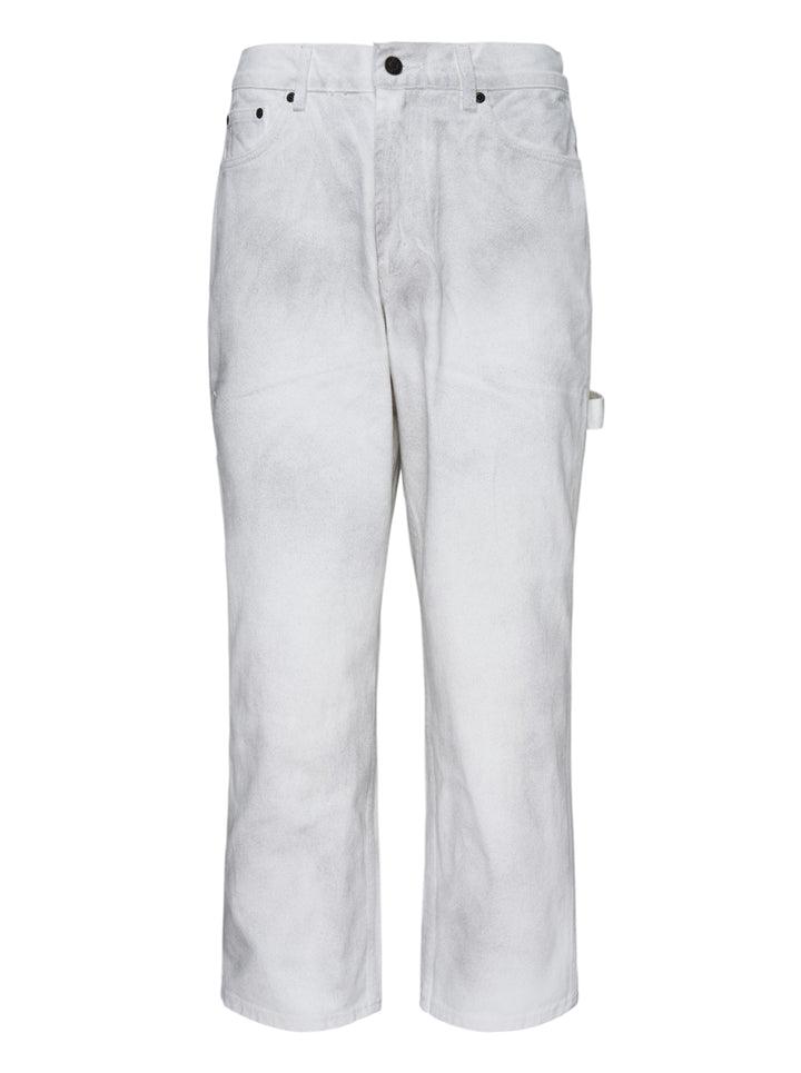 thisisneverthat Painter Pants in washed white with paint-worn finish, relaxed straight-leg silhouette, carpenter utility tab detail, and five-pocket construction — front view