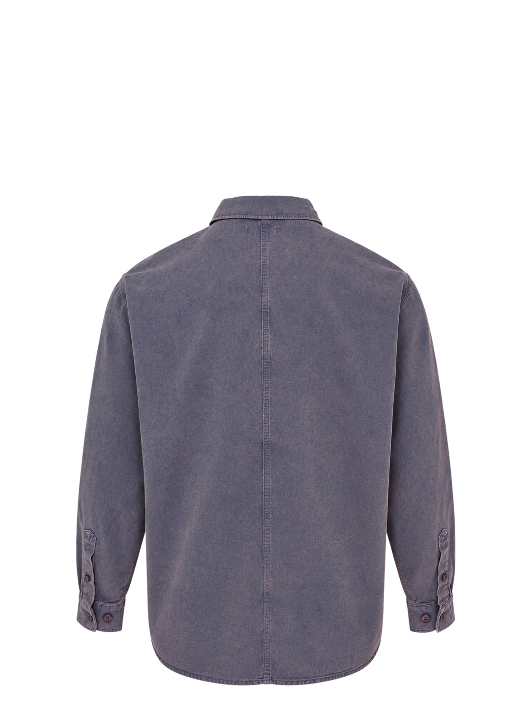 thisisneverthat Washed Twill Long Sleeve Shirt in faded charcoal, front view showing full button placket, chest patch pocket with embroidered script logo, and relaxed oversized silhouette - view 2