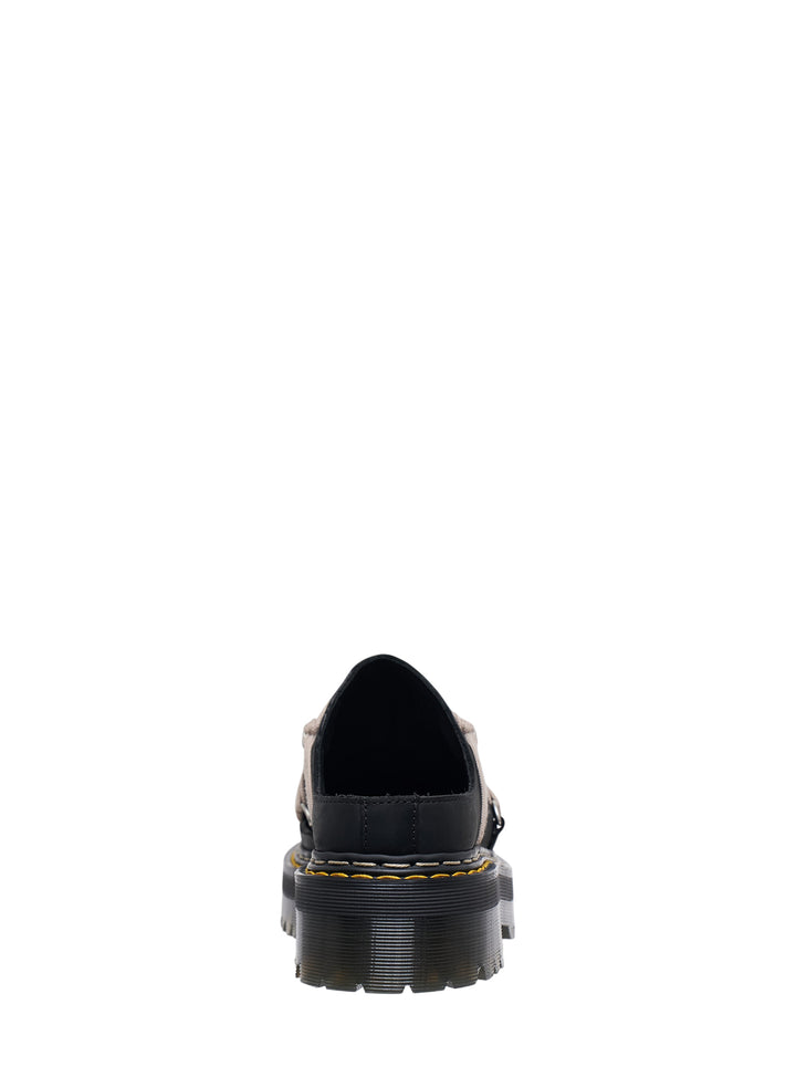 Rick Owens x Dr. Martens Quad Sole Megalace flatform mule in black leather with taupe multi-strand cord lacing, silver hardware, and chunky ridged platform sole with yellow stitching - view 3