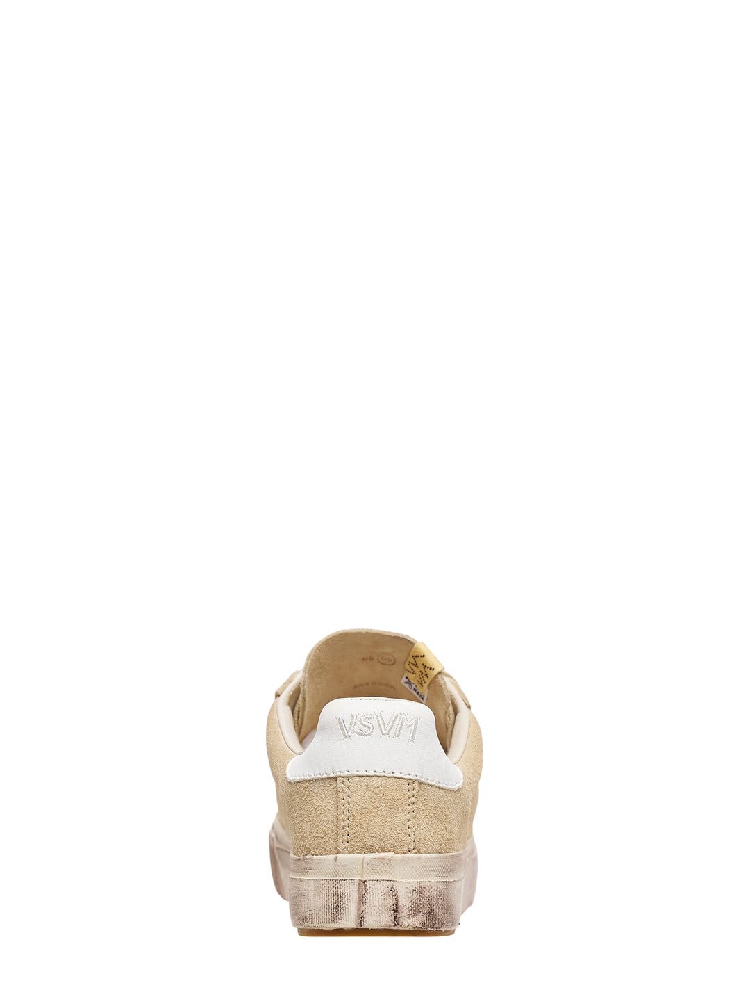 visvim Segura Lo G.Patten UK low-top sneaker in beige suede with white leather heel tab and distressed vintage-finish sole, shown in side profile - view 3