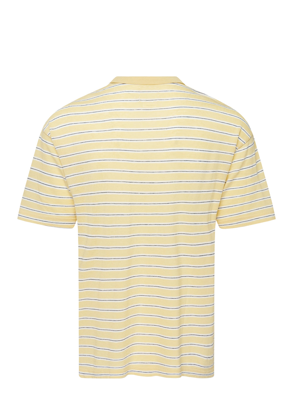 visvim Jumbo Border Short Sleeve Tee in yellow with fine navy and white horizontal stripes, ribbed crewneck and chest pocket, front view - view 2