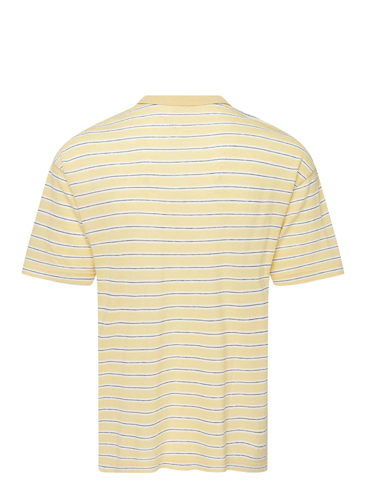 visvim Jumbo Border Short Sleeve Tee in yellow with fine navy and white horizontal stripes, ribbed crewneck and chest pocket, front view - view 2
