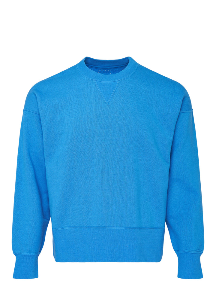 visvim Court long sleeve sweatshirt in bright blue custom cotton with V-gusset, ribbed crewneck, cuffs, and hem